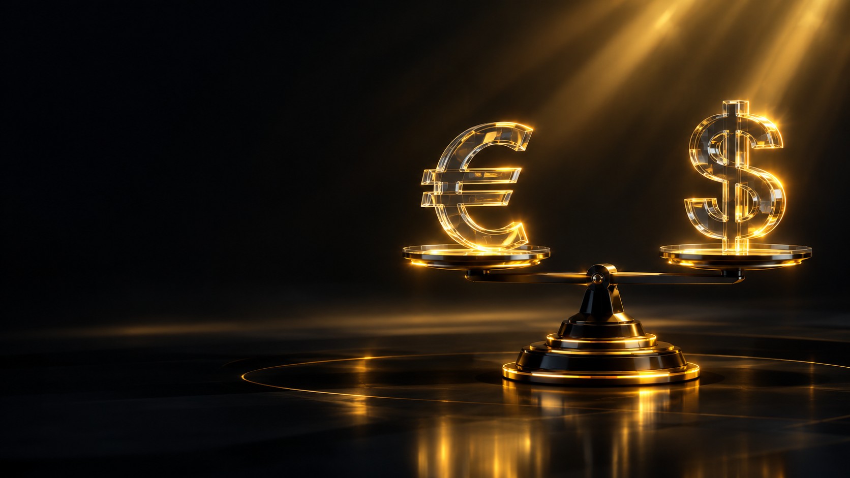 Glass euro symbol and a glass dollar symbol balanced on a sleek scale