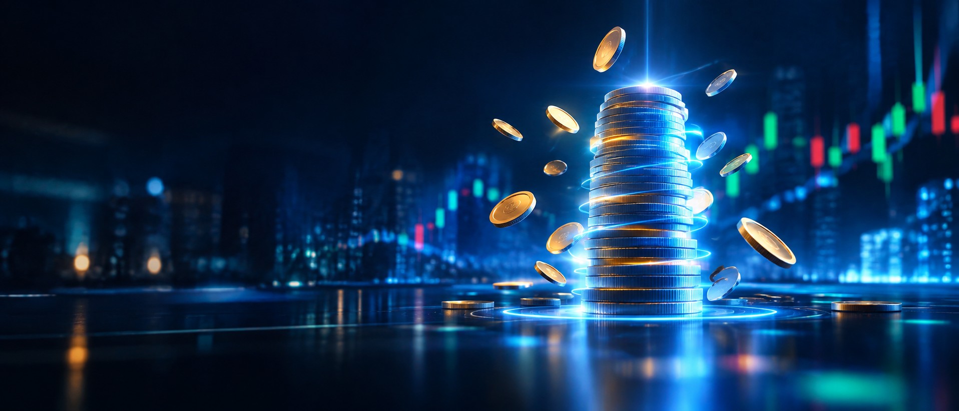 Coins stacked into a glowing tower that emits small reward coins